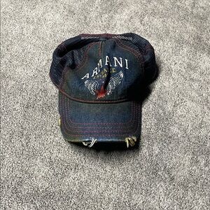 Armani Exchange Distressed Dark Blue Denim Baseball Cap with Red Accent